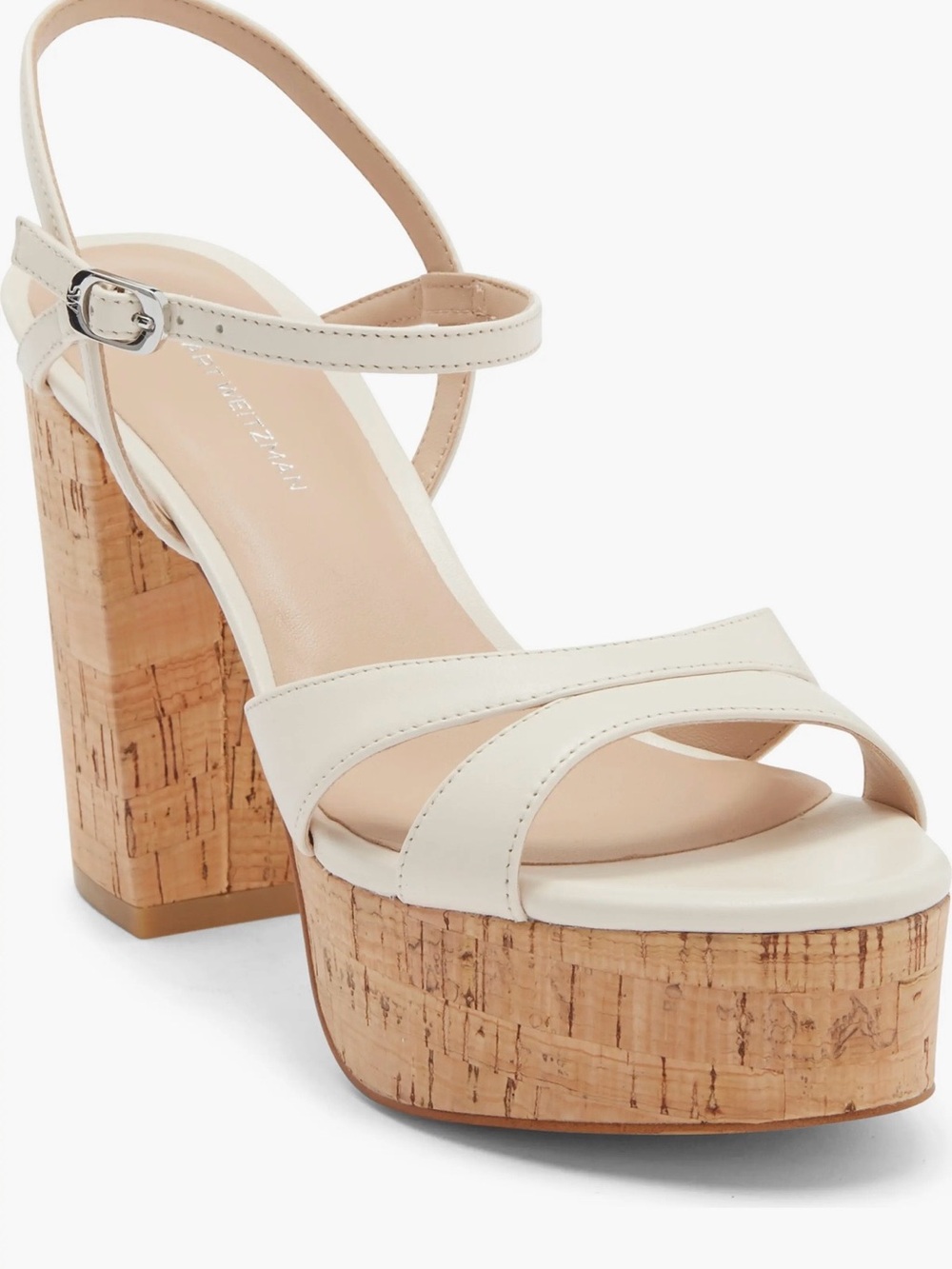 Stuart Weitzman Maia Cork Platform Block Heel Sandal in Chalk color